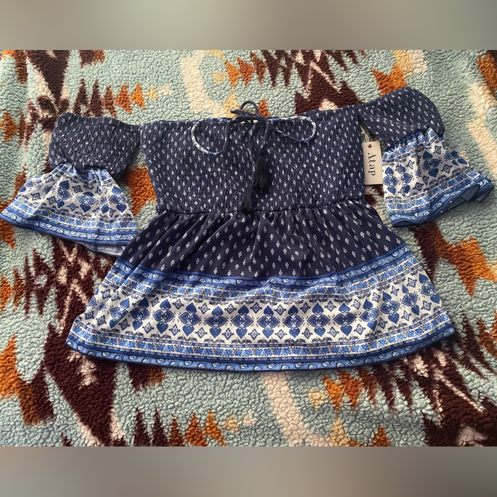 Boot Barn Off the Shoulder Smocked Navy Print Top